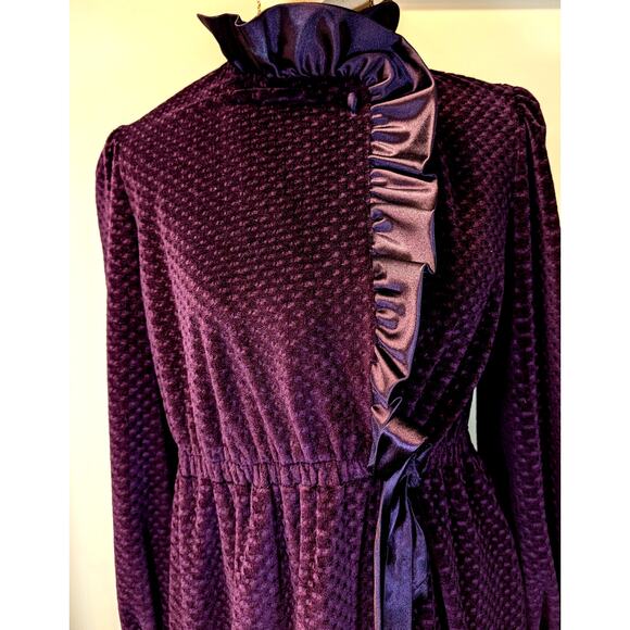 Vintage R. Michael Alan Long Velour Robe Ruffle Wm Small Plum Purple Holiday - Picture 8 of 14